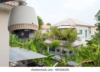 Home Security Concept, CCTV Camera Or Surveillance Operating In Village