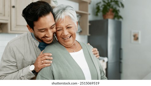 Home, senior mother and son with hug for care, comfort and assurance with bonding together in kitchen. Happy people, elderly mom and man with embrace for mothers day, support and expression of love - Powered by Shutterstock