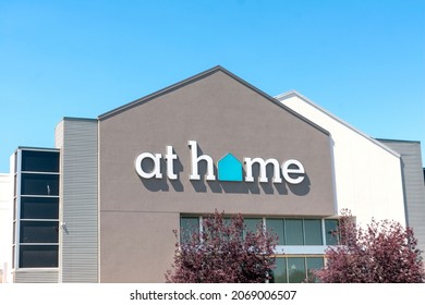 At Home Sign, Logo On Facade Of The Home Decor Superstore. - San Jose, California, USA - 2021