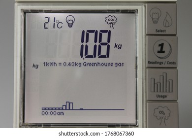 Home Smart Meter Displaying Greenhouse Gas Emissions Per Kilowatt Hour: Lancashire, UK, 02-07-2020