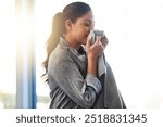 Home, smile and woman with towel for smelling, housekeeping and chores of laundry in house. Female person, hygiene and domestic responsibility with fabric for detergent scent, clean and mockup space