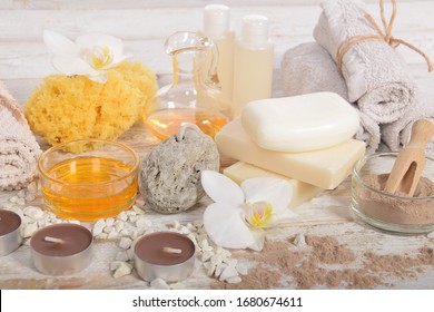 Home Spa, Candles, Pumice, Natural Soap, Dry Powder For Making A Face Mask,