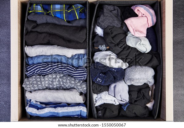 Home storage system for divided storing\
linen.  socks in a drawer are separated by boxes for separate\
storage. Organizers for drawers of storing\
clothes.