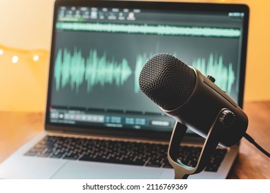 Home Studio: Microphone And Wave Form On Laptop Screen