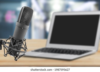 Home Studio Podcast Interior. Microphone, Laptop On The Table.