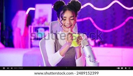 Home, studio and woman with microphone, ASMR and neon light for happy content creator with slime. Influencer, streamer or girl recording video for sound therapy, live stream and audio production.