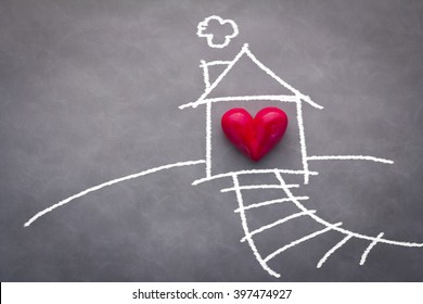 home sweet home house drawing with red heart on grey background