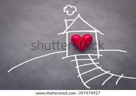 home sweet home house drawing with red heart on grey background