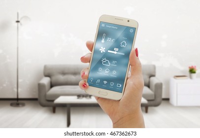 Home Temperature, Safety And Environment Control On Mobile App. Smart Phone In Woman Hand. Living Room In Background.