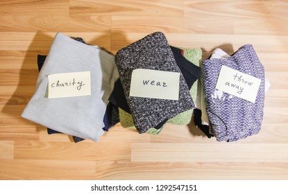 Home Wardrobe With Different Items Of Clothing. Seasonal Clothes Sorting. Small Space Organization.