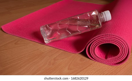 Home Workout Fitness Gear During Self- Isolation. Yoga Matt, Water Bottle.