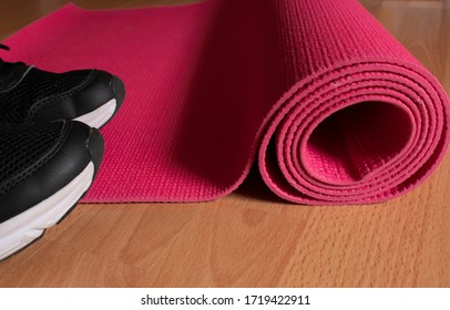 Home Workout Fitness Gear During Self- Isolation. Yoga Matt, Workout Sneakers.