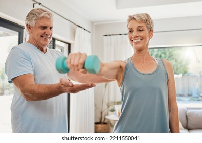 Home Workout, Senior Couple And Dumbbell Training Exercise For Fitness, Wellness And Healthy Lifestyle In Australia. Happy Elderly Man Help Support Strong Woman With Challenge, Power And Body Muscle