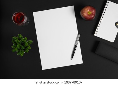 Home workspace desk table. Black background with copy space. - Powered by Shutterstock