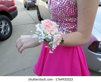 Homecoming Dance, Pink Flower With Baby's Breath Wrist Corsage