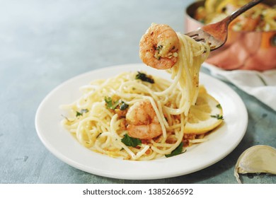 Homecooked Garlic Shrimp Scampi With Spaghetti Pasta And Lemon, Selective Focus