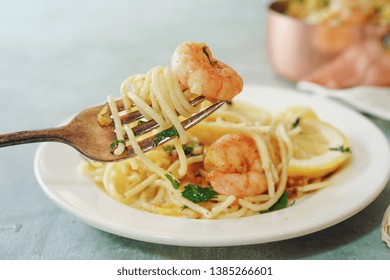 Homecooked Garlic Shrimp Scampi With Spaghetti Pasta And Lemon, Selective Focus