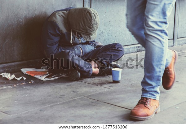 Homeless Adult Man Sitting On Street Stock Photo (Edit Now) 1377513206