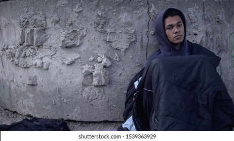 Homeless American Teenager Leaning Wall Sitting Street Covered Sleeping Bag