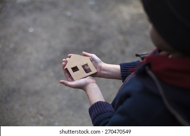 Homeless Boy Holding A Cardboard House, Dirty Hand