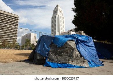 A homeless encampment sits on a public sidewalk in the heart of Downtown Los Angeles' Civic Center.