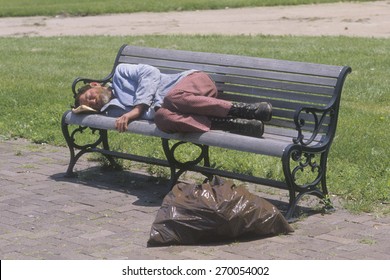 Homeless Man Sleeping On A Park Bench, Los Angeles, California