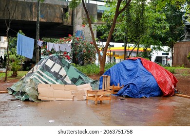 Homeless peoples tents in downtown Sao Paulo, Brazil on a rainy day