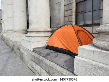 Homeless person's tent pitched on the steps of the Four Courts on on Inns Quay, Dublin.