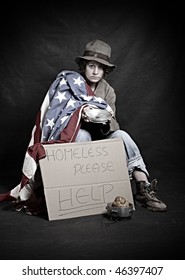 Homeless veteran in depression. Low key studio shot.