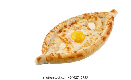 homemade adjaruli khachapuri ( A boat-shaped traditional cheese bread from the Adjara region of Georgia ) isolated on white background 1