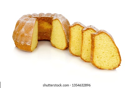 Homemade Alsatian Sour Cream Coffee Cake Isolated On White Background With Shadow Reflection. Sweet Bundt Cake In German Called 'Gugelhupf' Or 'Bundkuchen'.