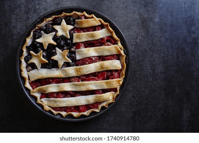 Homemade American Flag Pie Overhead View With Copy Space/ 4th Of July Patriotic Food Concept