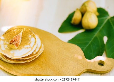 Homemade American Pancakes With Figs And Honey. Healthy Morning Breakfast. Rustic Style