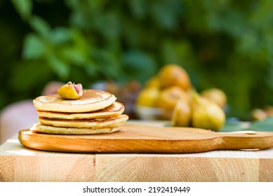 Homemade American Pancakes With Figs And Honey. Healthy Morning Breakfast. Rustic Style