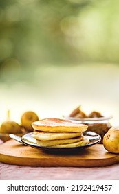 Homemade American Pancakes With Figs And Honey. Healthy Morning Breakfast. Rustic Style