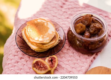 Homemade American Pancakes With Figs And Honey. Healthy Morning Breakfast. Rustic Style