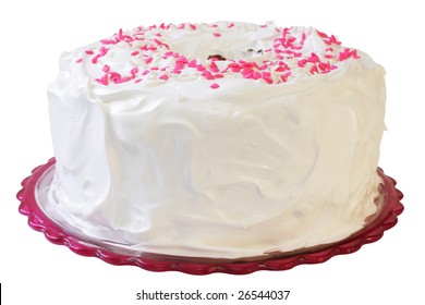 Homemade Angel Food Cake With Pink And White Hearts On Top.  Includes A Clipping Path.