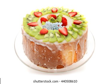 Homemade Angel Food Cake With Strawberry And Kiwi Fruits Isolated On White Background