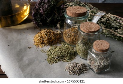 Homemade apothecary. Natural herbs medicinal. Dried herbs in glass jars. Various kinds of herbal tea.