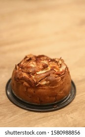 Homemade Apple And Mascarpone Sponge Cake, Decorated With Baked Apple Slices. Selective Focus.