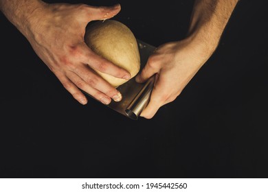 Homemade Artisan Bread Making. Man Hands Giving The Bread Its Shape 