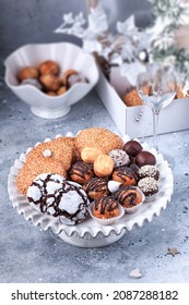 Homemade Assorted Cookie. Holiday Christmas Cookie. Chocolate Covered Cookie Dough Bites, Chocolate Crinkle Cookies And Sesame Cookies. 