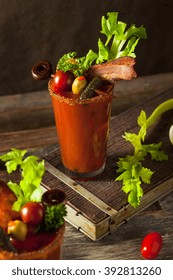 Homemade Bacon Spicy Vodka Bloody Mary With Tomatos, Olive And Celery