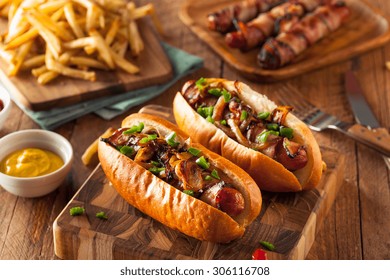 Homemade Bacon Wrapped Hot Dogs with Onions and Peppers - Powered by Shutterstock