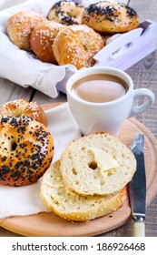 Homemade Bagels, And Cup Of Coffee