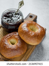 Homemade Bagels With Mustard Oil And Black Currant Jam