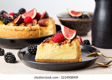 Homemade Baked Cheesecake With Fruits And Berries: Figs, Strawberries And Blackberries. Classical Recipe. Cake Crust From Crushed Cookies And Butter, Soft, Fresh Cream Cheese, Eggs, Sugar.