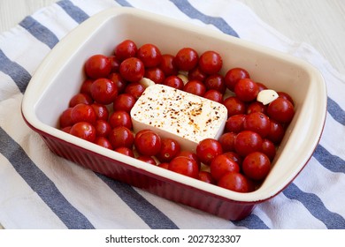 Homemade Baked Feta Tomato Pasta In A Baking Dish, Side View.