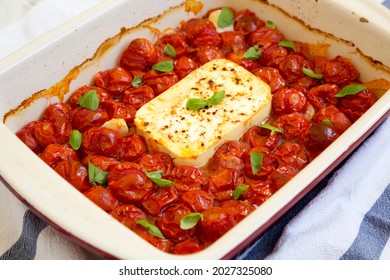 Homemade Baked Feta Tomato Pasta In A Baking Dish, Side View. Close-up.