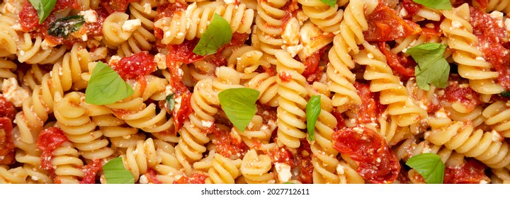 Homemade Baked Feta Tomato Pasta, Overhead View. Flat Lay, Top View, From Above. 